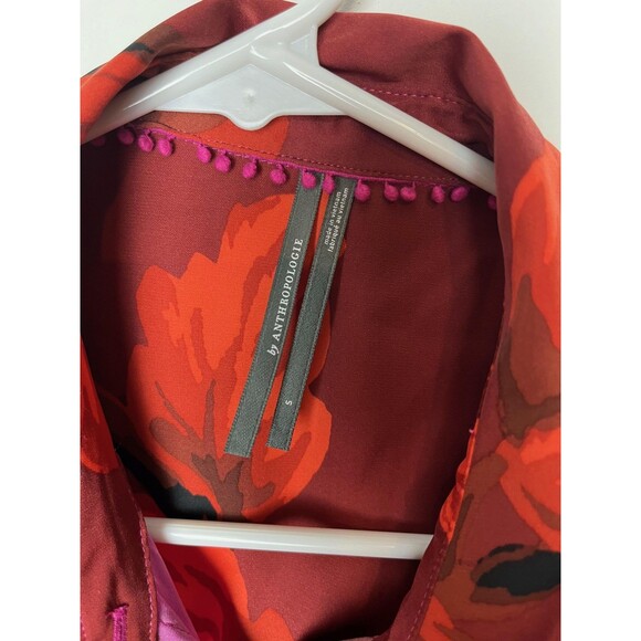 Anthropologie Shirt Womens Small Pink Red Floral Button Down Long Sleeve Blouse - Picture 3 of 7